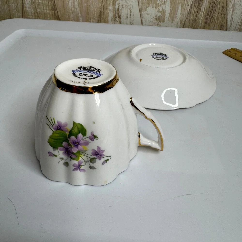 Royal Victoria Fine Bone China Tea Cup and Saucer Set Violets Gold Trim England